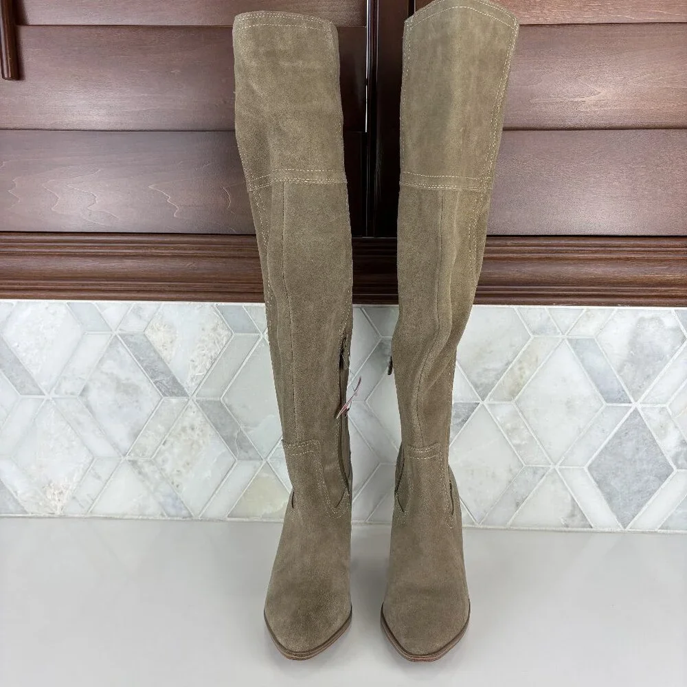 6M Taupe Knee High Boot Cuban Block Heel Pointed Toe Suede Waterproof Windie
